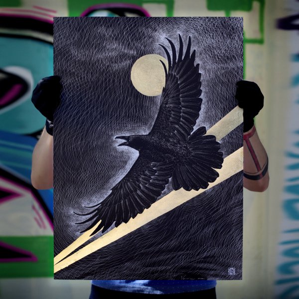Flight of the Raven under the Golden Moon — an exclusive painting decorated with gold leaf on Italian paper