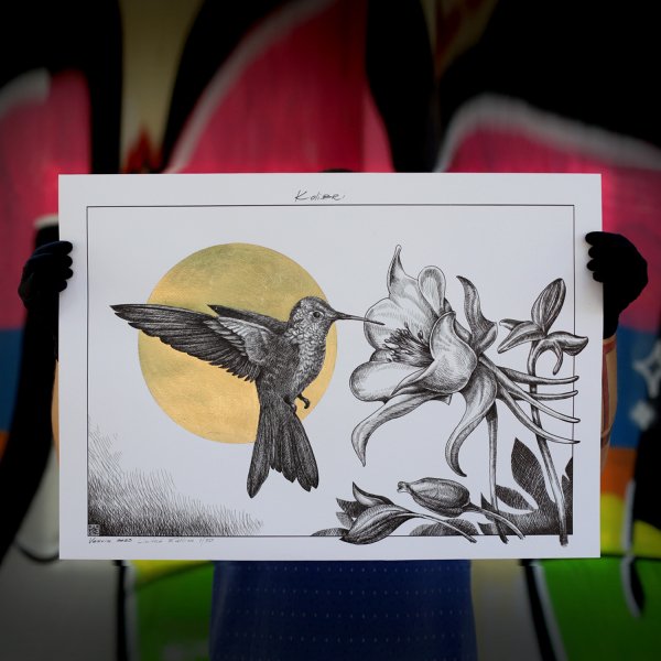 Hummingbird is an author's painting on Italian paper decorated with gold leaf