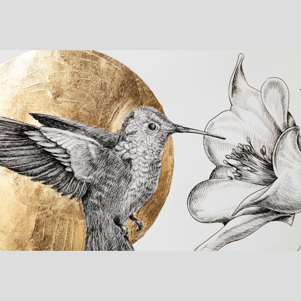 Hummingbird is an author's painting on Italian paper decorated with gold leaf