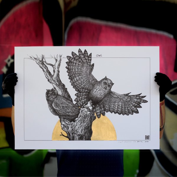 Owls — an exclusive author's painting decorated with gold leaf on Italian paper