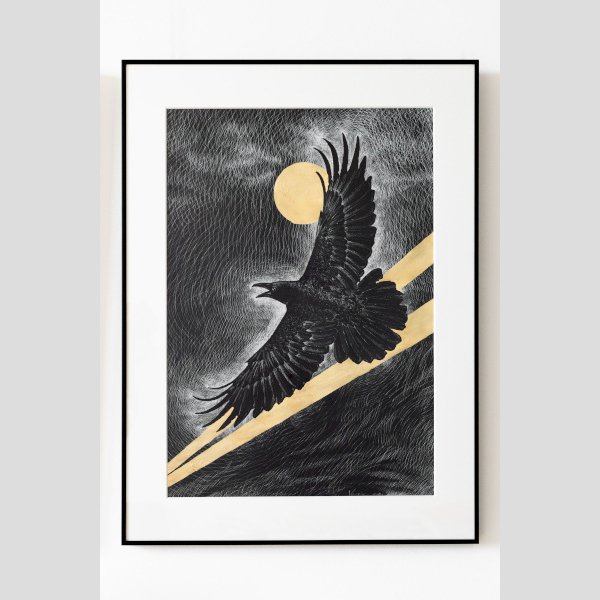 Flight of the Raven under the Golden Moon — an exclusive painting decorated with gold leaf on Italian paper