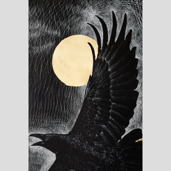 Flight of the Raven under the Golden Moon — an exclusive painting decorated with gold leaf on Italian paper