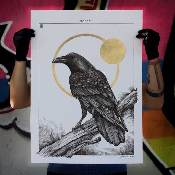 Raven on a white background - an elite author's painting on Italian paper decorated with gold leaf