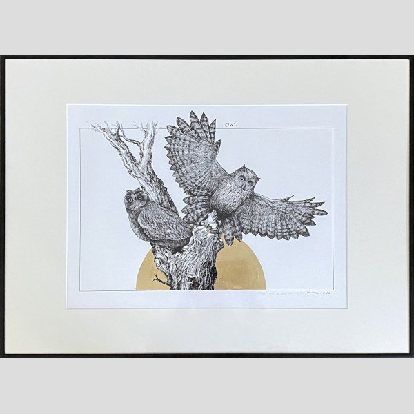 Owls — an exclusive author's painting decorated with gold leaf on Italian paper