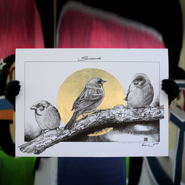 Sparrows on a Golden Background — a unique original painting on Italian paper
