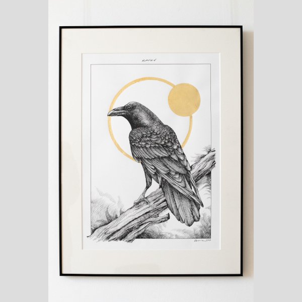 Raven on a white background - an elite author's painting on Italian paper decorated with gold leaf